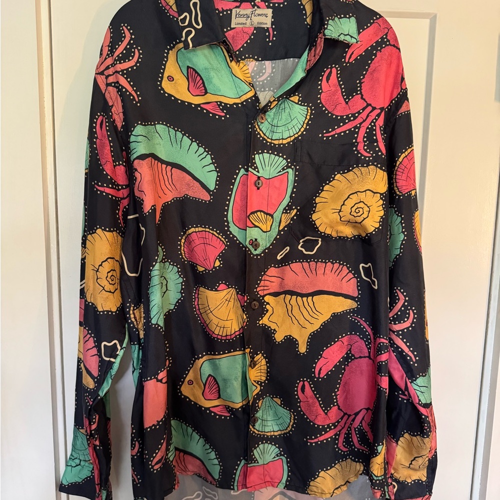 Kenny Flowers Silk Shirt & Swim Trunks Matching Set Men’s L Shirt S Shorts